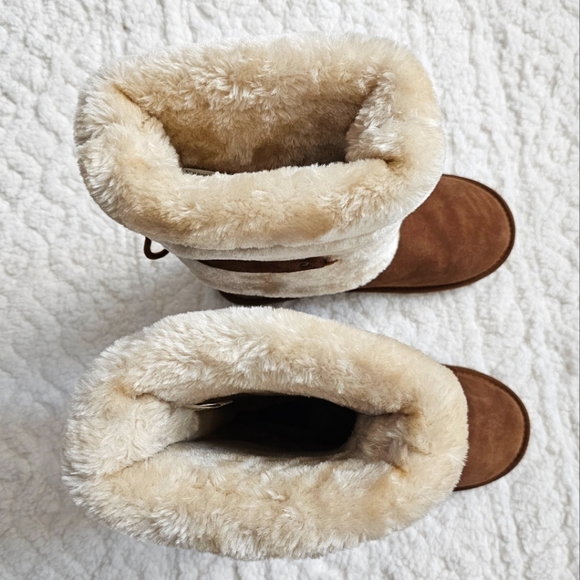 Natural Reflections Bernie Suede Shearling Tan Wrap Around Detail Cozy Boots - Picture 3 of 11